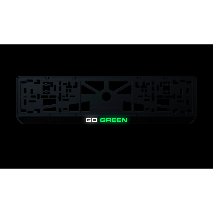 Номерна рамка GO GREEN із високоякісного ABS пластику Ledos виглядає як LCD дисплей.