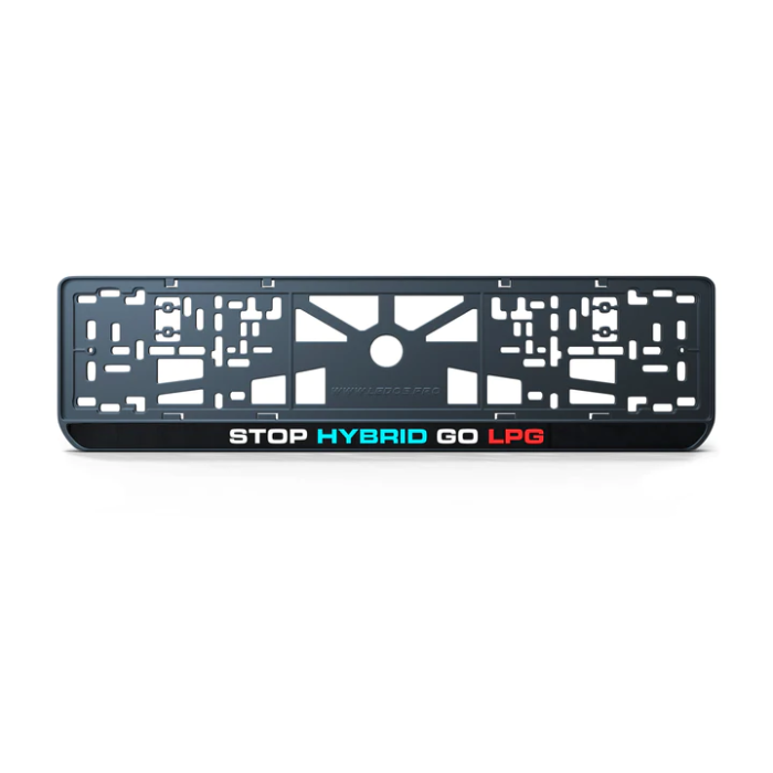 Номерна рамка STOP HYBRID GO LPG із високоякісного ABS пластику Ledos виглядає як LCD дисплей.