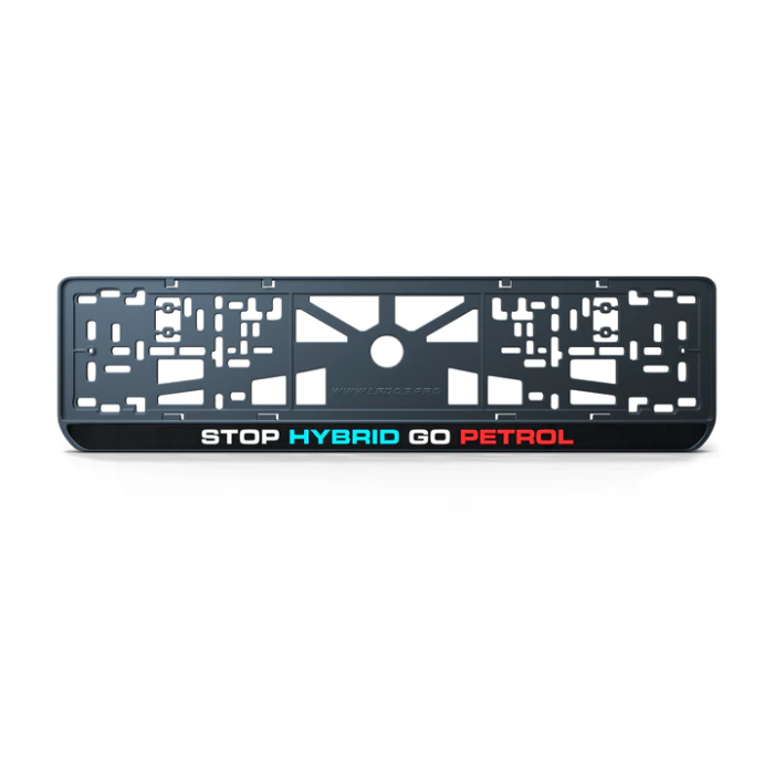 Номерна рамка STOP HYBRID GO PETROL із високоякісного ABS пластику Ledos виглядає як LCD дисплей.