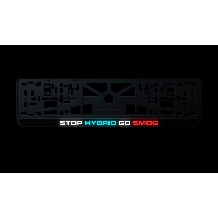 Номерная рамка STOP HYBRID GO SMOG из высококачественного ABS пластика Ledos выглядит как LCD дисплей