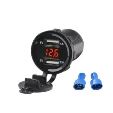 Гнездо под 2 USB DC 12-24V/5V 2,1-2,1A красная подсветка, Вольтметр, с резьбой А16R