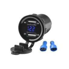 Гнездо под 2 USB DC 12-24V/5V 2,1-2,1A синяя подсветка, Вольтметр, с резьбой А16В