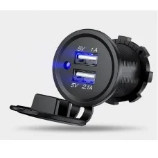 Гнездо под 2 USB DC 12-24V/5V 2,1-1A, синий индикатор с резьбой