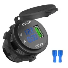 Гнездо под 1 USB+ Вольтметр+Амперметр DC 12-24V/5V подсветка с резьбой P11 Blue QC 3.0
