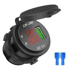 Гнездо под 1 USB+ Вольтметр+Амперметр DC 12-24V/5V подсветка с резьбой P11 Red QC 3.0