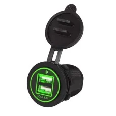 Гнездо под 2 USB DC 12-24V/5V 2,1-1A, подсветка с резьбой P-19 GREEN QC 3.0